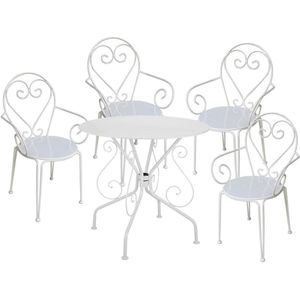 Metalen tuineetset met smeedijzer aspect : een tafel en 4 stoelen met armleuningen - wit - GUERMANTES