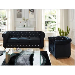 Driezitsbank en fauteuil CHESTERFIELD - fluweel - zwart met kristallen knopen L 205 cm x H 72 cm x D 88 cm