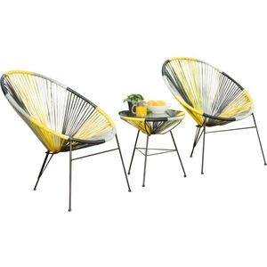 Tuinsalon II van gevlochten hardsraden - Geel, grijs, zwart: 2 stoelen en een tafel - ALIOS II
