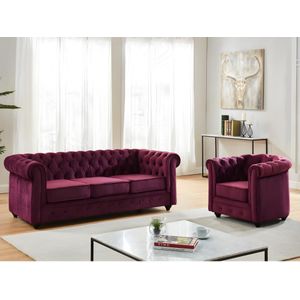 Vente-unique Driezitsbank en fauteuil CHESTERFIELD - velours - paars