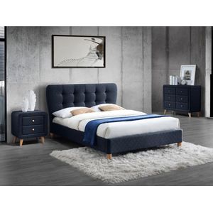 Set ""slaapkamer"" ELIDE: Bed 140x190 cm en 2 nachtkastjes - Blauwe stof L 163 cm x H 102 cm x D 206.5 cm