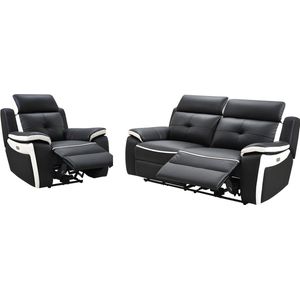 Elektrische driezits relaxbank en -fauteuil van leer ANGELIQUE - Zwart/wit L 207 cm x H 103 cm x D 97 cm