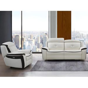 Vente-unique Elektrische driezits relaxbank en -fauteuil van leer ANGELIQUE - Wit/ antraciet