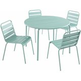 MIRMANDE Metalen eettafelset voor buiten - een tafel D.110 cm en 4 stapelbare stoelen - Amandelgroen