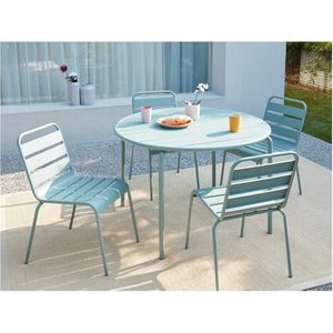 MYLIA MIRMANDE Metalen eettafelset voor buiten - een tafel D.110 cm en 4 stapelbare stoelen - Amandelgroen L 110 cm x H 79 cm x D 110 cm