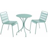 MIRMANDE Metalen eettafelset voor buiten - een tafel D 60 cm en 2 stapelbare stoelen - Amandelgroen
