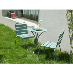 MYLIA MIRMANDE Metalen eettafelset voor buiten - een tafel D 60 cm en 2 stapelbare stoelen - Amandelgroen L 60 cm x H 79 cm x D 60 cm