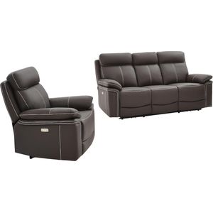 Vente-unique Elektrische driezits relaxbank + relaxstoel van leer ISIRIS - Bruin L 197 cm x H 102 cm x D 93 cm