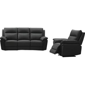 3 zits relaxbank en -fauteuil van buffelleer PAKITA - Zwart L 208 cm x H 102 cm x D 92 cm