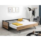 Uitschuifbed industriële stijl BOSTON - 2x90x190cm - MDF, grenen en metaal + matras