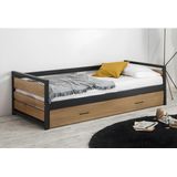 Uitschuifbed industriële stijl BOSTON - 2x90x190cm - MDF, grenen en metaal + matras