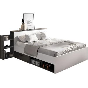 Bed met hoofdeinde bed, opbergruimte en lades - 140 x 190 cm - Kleur: Wit en antraciet - FLORIAN L 223 cm x H 85 cm x D 146 cm