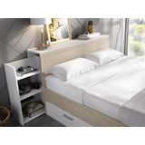 Bed met hoofdeinde bed, opbergruimte en lades - 140 x 190 cm - Kleur: Wit en naturel - FLORIAN