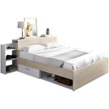 Bed met hoofdeinde bed, opbergruimte en lades - 140 x 190 cm - Kleur: Wit en naturel - FLORIAN