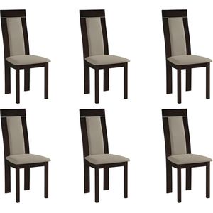 Set van 6 stoelen BELINDA - Massief beukenhout en stof - Notenkleur en beige L 47 cm x H 103 cm x D 55 cm