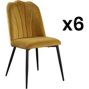 Set van 6 stoelen ROSARIO - Fluweeleffect en zwart metaal - Geel L 66 cm x H 88 cm x D 46 cm