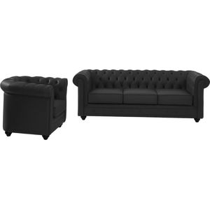 Chesterfield Driezitsbank en fauteuil van buffelleer - Zwart | Comfortabele en tijdloze zitbank en fauteuil voor een industriële stijl