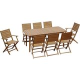 Opvouwbare tuinsalon NEMBY in acacia: uittrekbare eettafel L180/240cm + 2 fauteuils + 6 stoelen