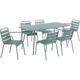 Tuineetset MIRMANDE in metaal: tafel L160cm + 2 opstapelbare fauteuils + 4 opstapelbare stoelen - Amandelgroen