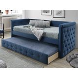 Bed met slaaplade LOUISE - 2 x 90 x 190 cm - Blauwe stof + matras