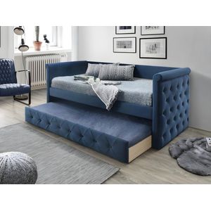 Bed met slaaplade LOUISE - 2 x 90 x 190 cm - Blauwe stof + matras L 219 cm x H 95.2 cm x D 98.5 cm