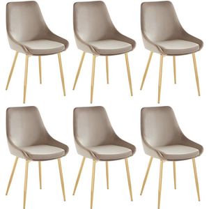 Set van 6 stoelen MASURIE - Fluweel en Goudkleurig metaal - Taupe L 49 cm x H 85.5 cm x D 56 cm