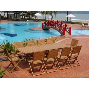Opklapbare tuineetset van acaciahout NEMBY : een uittrekbare tafel L180/240 cm + 2 fauteuils + 8 stoelen