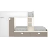 Stapelbed met ingebouwde kast en opbergruimte 2x90x190cm - Wit, eiken en taupe + Matras - JUANITO