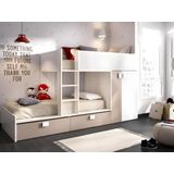 Stapelbed met ingebouwde kast en opbergruimte 2x90x190cm - Wit, eiken en taupe + Matras - JUANITO