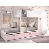 Stapelbed met ingebouwde kast en opbergruimte 2x90x190cm - Wit, eiken en roze + Matras -JUANITO