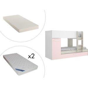 Vente-unique Stapelbed met opbergruimtes 3 x 90 x 190 cm - Wit, naturel en roze - Met matras - ANTHONY L 243 cm x H 150 cm x D 97 cm