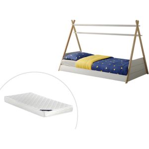 Tipi-bed - 90x190cm - Dennehout - Wit en eik + matras - SIOUX L 198 cm x H 134 cm x D 106 cm