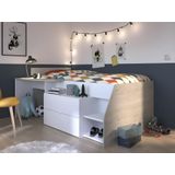 Kinderbed met bureau, opbergruimte, matras en bedbodem - Wit & eiken - 90 x 200 cm - GISELE