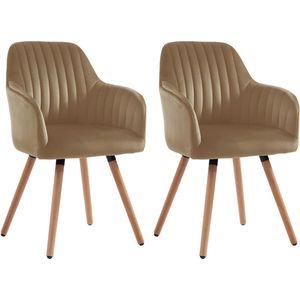 Set van 2 stoelen met armleuningen ELEANA - Fluweel en metaal met houteffect - Beige