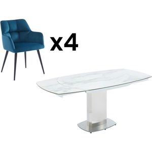 Set ""eetkamer"": Tafel TALICIA + 4 stoelen PEGA - Wit & blauw L 180 cm x H 75 cm x D 90 cm