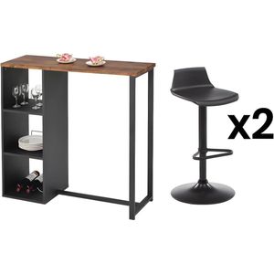 Set ""bar"": Barmeubel MORENA + 2 barkrukken CALAS - Zwart en notenhout-effect L 113 cm x H 104 cm x D 45 cm