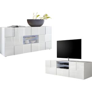 Vente-unique - Sparset: TV-Möbel + Sideboard - Weiß lackiert - calisto
