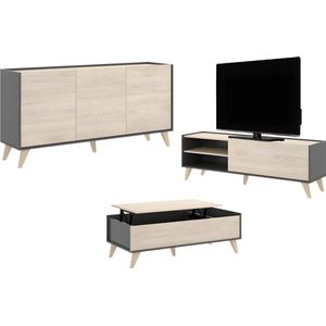Set ""woonkamer"" KOLYMA: Salontafel + TV-meubel + buffetkast - Antraciet / eiken L 155 cm x H 75 cm x D 60 cm