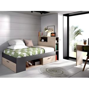 Bed met hoofdeinde, opbergruimte en lades - 90 x 190 cm - Eiken en naturel + Bedbodem en matras - LEANDRE