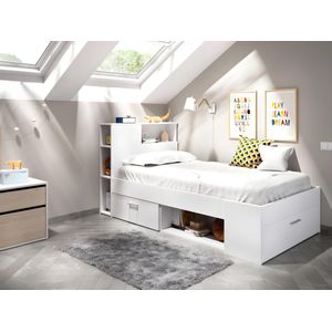 Bed met hoofdeinde, opbergruimte en lades - 90 x 190 cm - Wit + Bedbodem en matras - LEANDRE