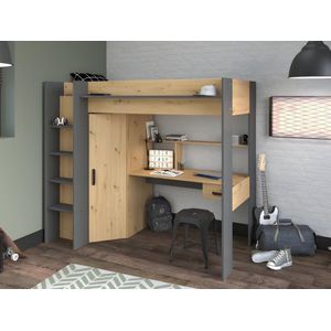 Hoogslaper met bureau en kast - 90x200cm - Naturel en antraciet + Matras - AUCKLAND