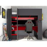 Hoogslaper gamer NOAH met bureau en opbergruimtes - 90 x 200 cm - met LED's - Antraciet en rood + matras