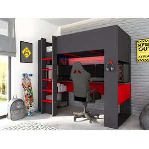 Vente-unique Hoogslaper gamer NOAH met bureau en opbergruimtes - 90 x 200 cm - met LED's - Antraciet en rood + matras L 206 cm x H 183 cm x D 110 cm