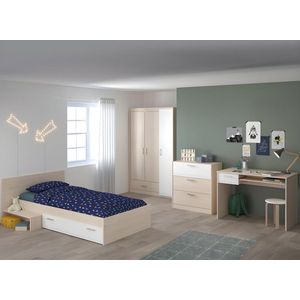 Kinderbed - 1 lade - 90 x 190 cm - Eikenkleur & wit + bedbodem + matras - IPLIA