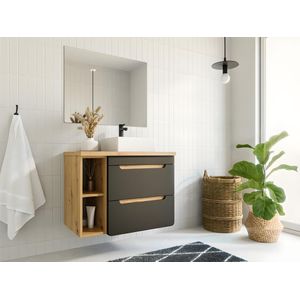 Hangend badkamermeubel met wastafel en nissen - Naturelkleur en antraciet - 80 cm - ARUBA