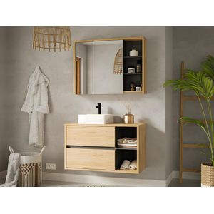 Hangend badkamermeubel met enkele wastafel en spiegelkast - Naturel - 100 cm - PURNAL