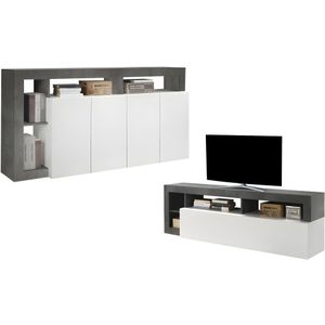 Set buffetkast + TV meubel - SEFRO - Beton en witgelakt L 184 cm x H 93 cm x D 42 cm