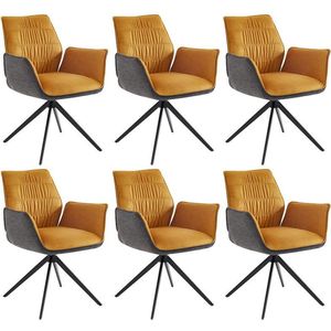 Set van 6 stoelen met armleuningen - Stof en metaal - Geel en antracietgrijs - MARILA