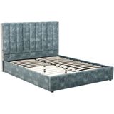 Bed 160 x 200 cm met hoofdbord met verticale stiksels - Velours - Groenblauw - FEROYA