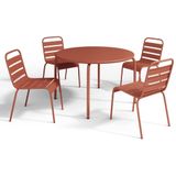 Tuineethoek van metaal - Een tafel D110 cm en 4 opstapelbare stoelen - Terracotta - MIRMANDE